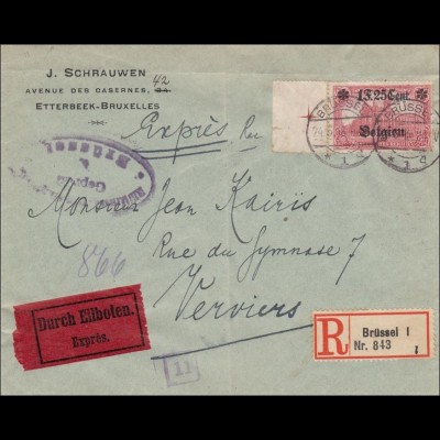 Belgien: Brief aus Brüssel als Eilboten/Einschreiben nach Verviers 1918