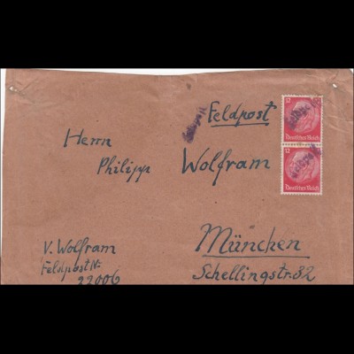 Feldpost II. Weltkrieg: FPNr. 22006 nach München