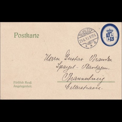 Postkarte Fürstlich Preussische Angelegenheit von Schleiz 1910 nach Braunschweig