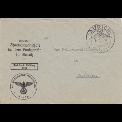 Staatsanwaltschaft Landgericht Aurich nach Magdeburg 1937 mit Sonderstempel