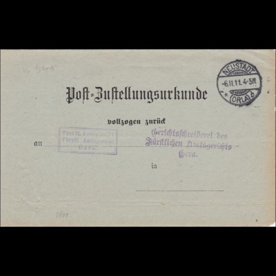 Postzustellurkunde Neustadt/Orla nach Gera 1911