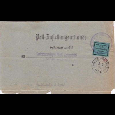 Postzustellurkunde Stadthagen 1901 nach Niederwöhren mit Vignette: 