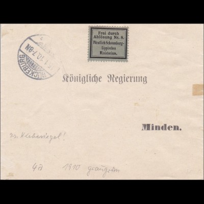 Schaumburg-Lippe Bückeburg 1910 nach Minden an königliche Regierung - Vignette