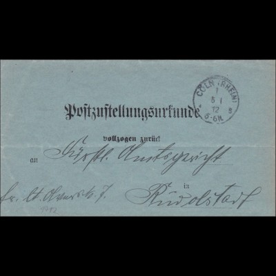 Postzustellurkunde Köln 1912 nach Rudolstadt