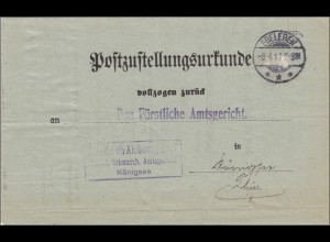 Post Zustellurkunde Ebeleben 1911 nach Königsee