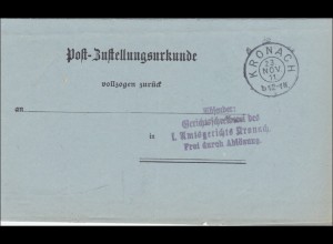 Post-Zustellurkunde nach Kronach 1911