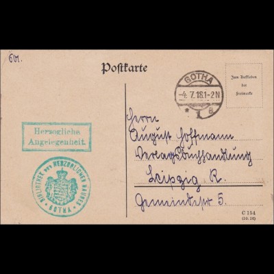 Postkarte Herzogliche Angelegenheit Gotha nach Leipzig 1918