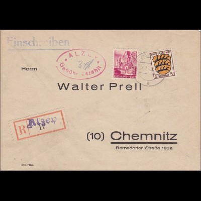 Französische Zone: Einschreiben aus Alzey - Gebühr bezahlt - nach Chemnitz 1948