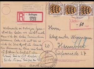 Französische Zone: R-Postkarte Balingen 1947 - Gebühr bezahlt - nach Hannover