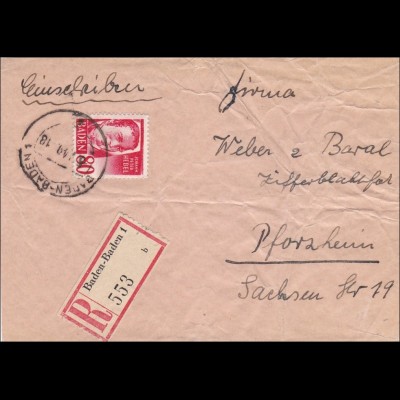Französische Zone: Baden-Baden nach Pforzheim 1949 - Vorderseite