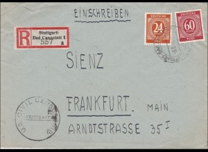 Einschreiben aus Stuttgart, Bad Cannstatt nach Frankfurt 1946 - Zensur US