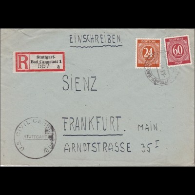 Einschreiben aus Stuttgart, Bad Cannstatt nach Frankfurt 1946 - Zensur US