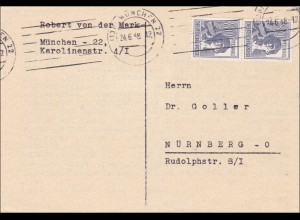 Postkarte von München nach Nürnberg 1948