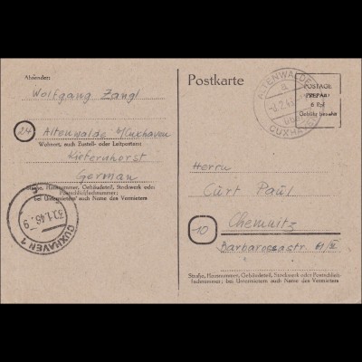 Postkarte Altenwalde / Cuxhaven nach Chemnitz 1946, P709