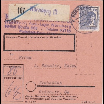 Paketkarte von Nürnberg nach Eichstätt, Einzelfrankatur