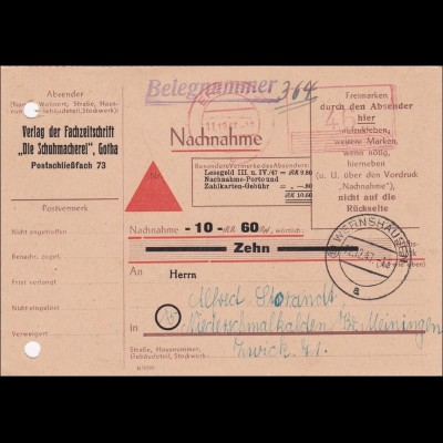 Nachnahme Fachzeitschrift Schuhmacherei Erfurt-Freistempel-nach Wernshausen 1947