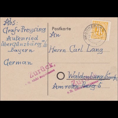 BiZone: Postkarte von Günzburg/Autenried nach Waldenburg/Sachsen - zurück 1946