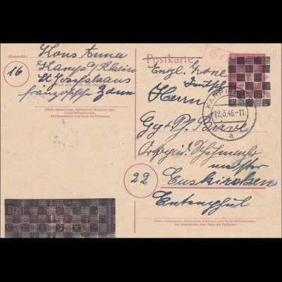 Ganzsache - Postkarte 1946 von Kamp/Rhein nach Euskirchen - Gebühr bezahlt