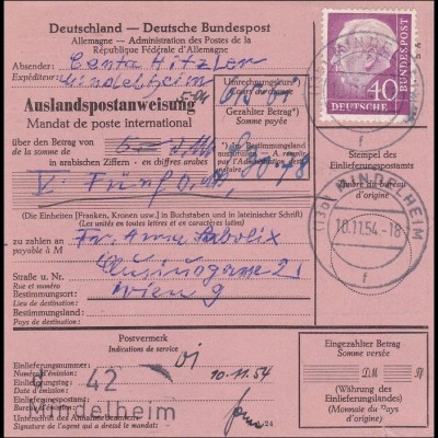 Auslandspostanweisung Mindelheim 1954 EF