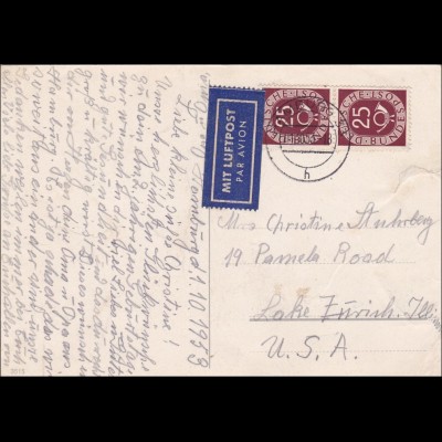 Postkarte aus Hamburg 1953 als Luftpost nach USA