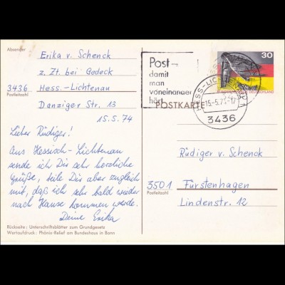 Ganzsache: Postkarte PSo4 von Hessisch Lichtenau 1974