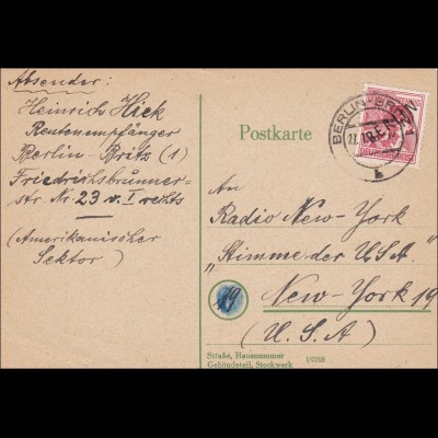 Postkarte 1949 nach USA