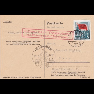 Postkarte/Drucksache von Meiningen 1953 - Befördert mit Postkutsche von Erfurt